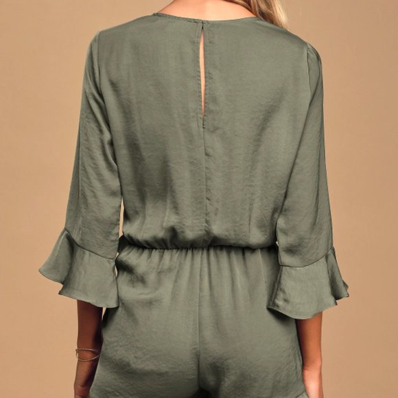 Olive Green Side Tie Ruffle Romper - Picture 4 of 7